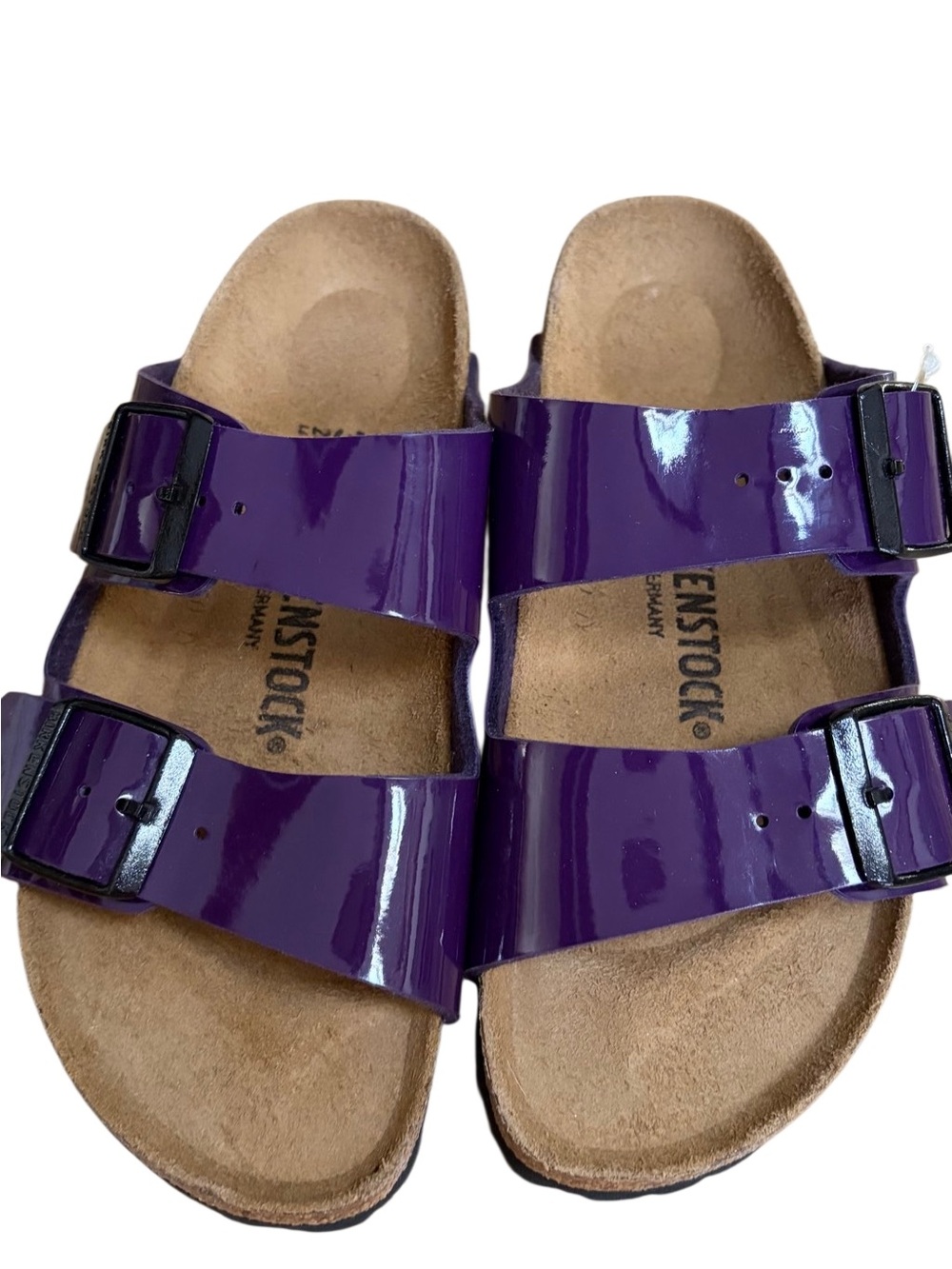 New never worn Birkenstock Arizona Plum Purple Birko Flor Patent size 37.
